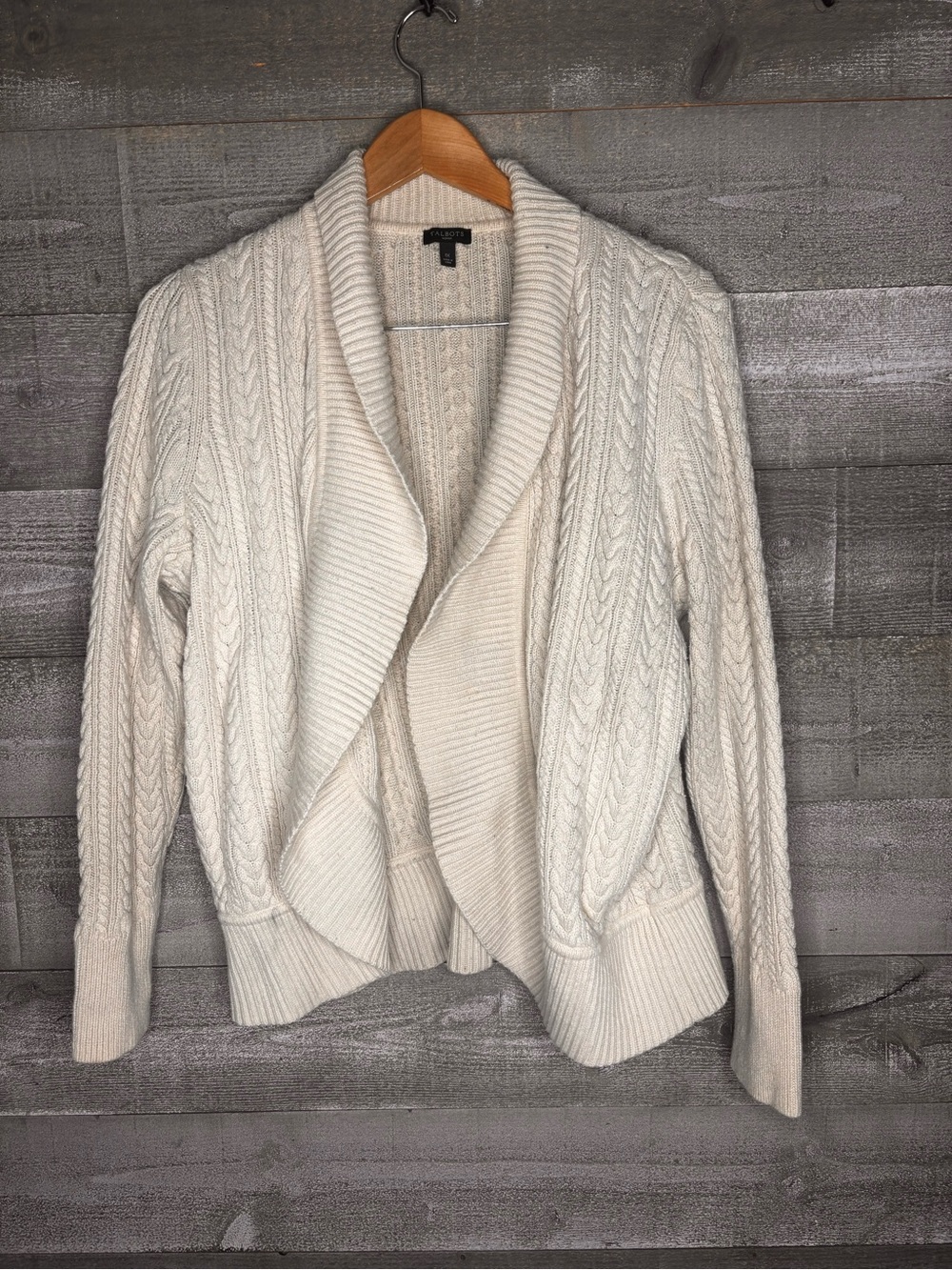 Talbots Cream lambswool blend Cable Knit fisherman Shawl-Collar Cardigan
